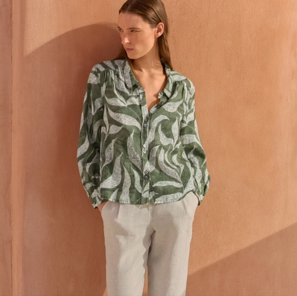 Poetry Long Sleeve Linen Button Front Leaf Print Shirt Boxy Sz 18 Resortwear - Picture 1 of 6